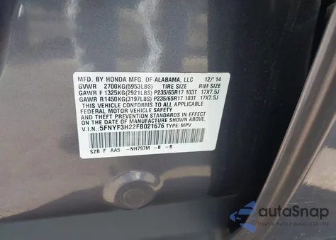 2015 Honda Pilot Lx из США, поврежденный, VIN 5FNYF3H22FB021676